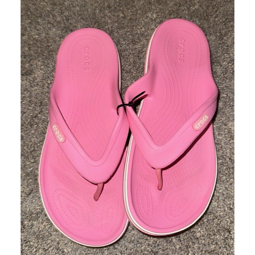 Pink CROCS Bayaband Flip Flop Sandals White Trim Stripe 1” Platform Flat W9 M7